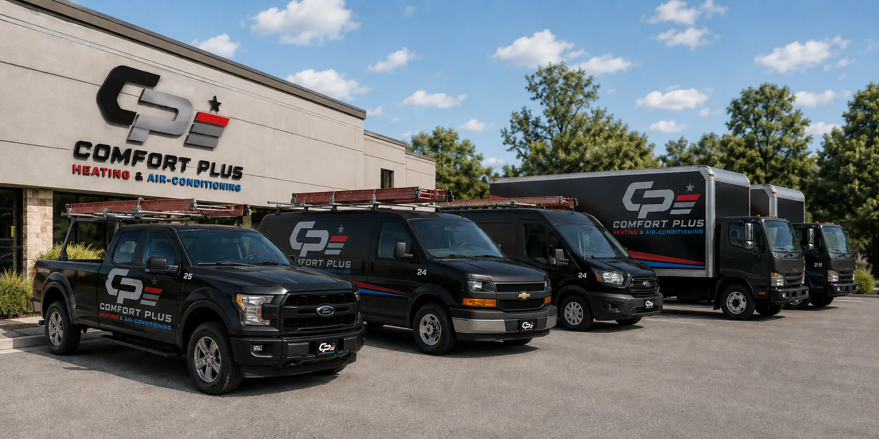Comfort Plus service fleet lined up in bright daylight outside the Southern California shop