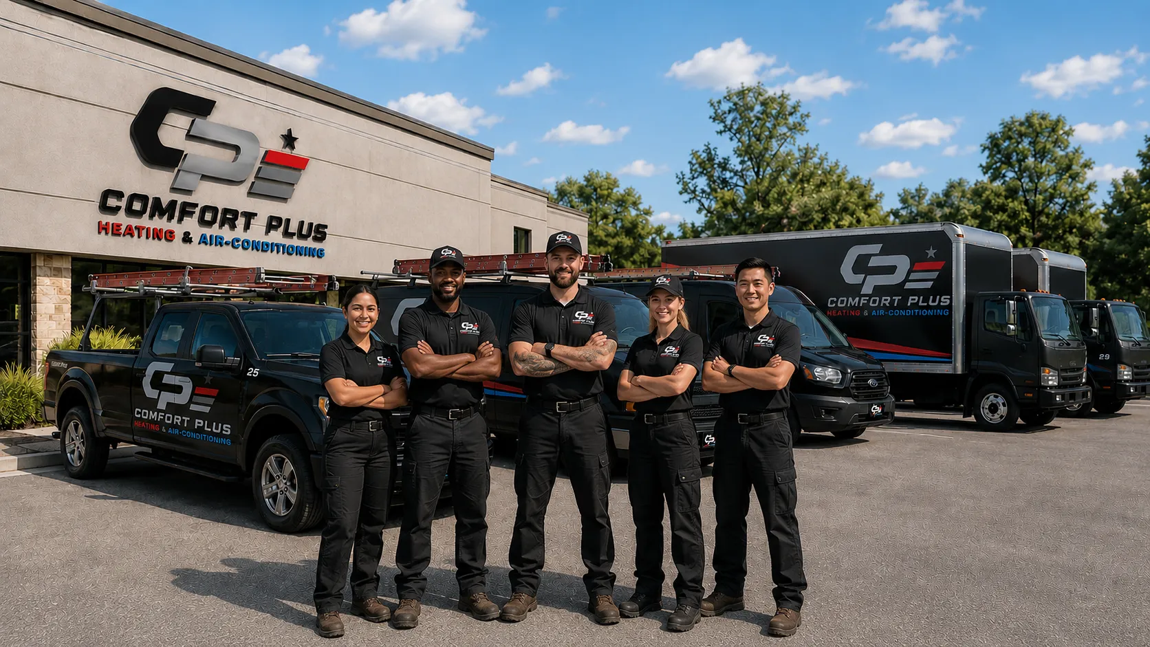 Comfort Plus corporate team standing together in front of the service fleet across Southern California