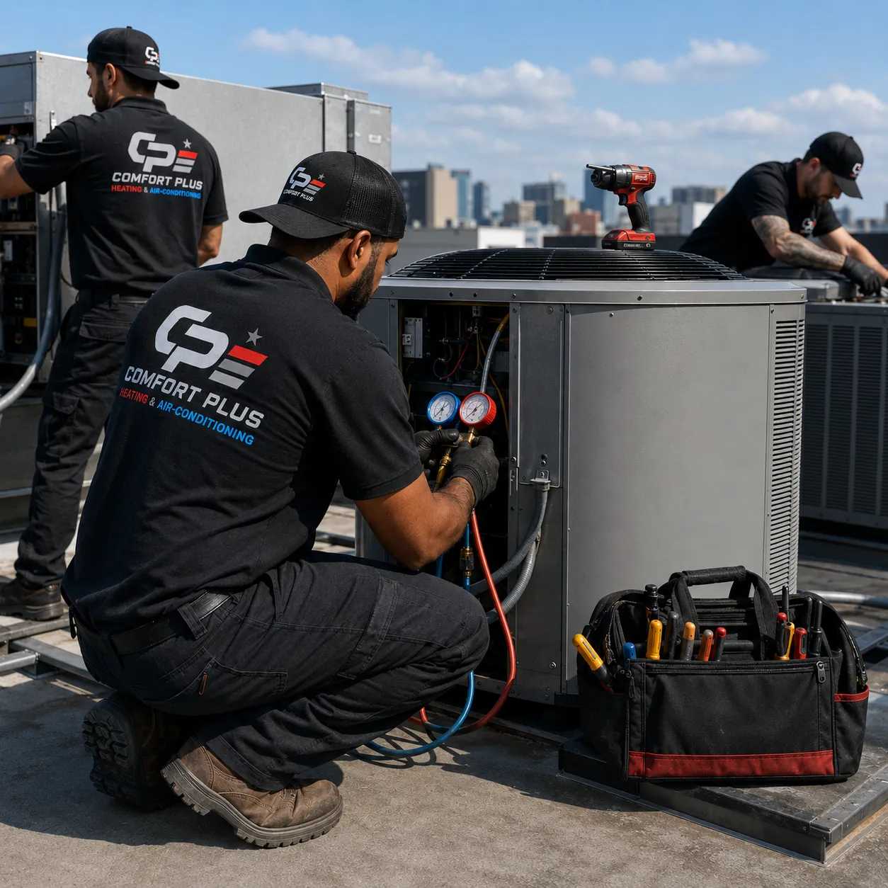 Comfort Plus HVAC technicians servicing a packaged rooftop unit on a Southern California commercial building